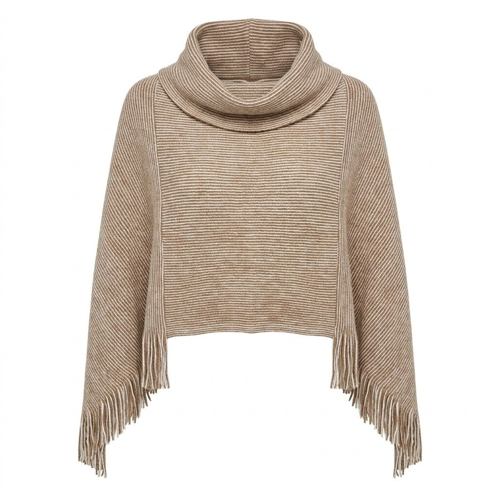 NEW Chico's Cozy Stripe Cowl Neck Poncho Vanilla Almond Gold One Size Fringe